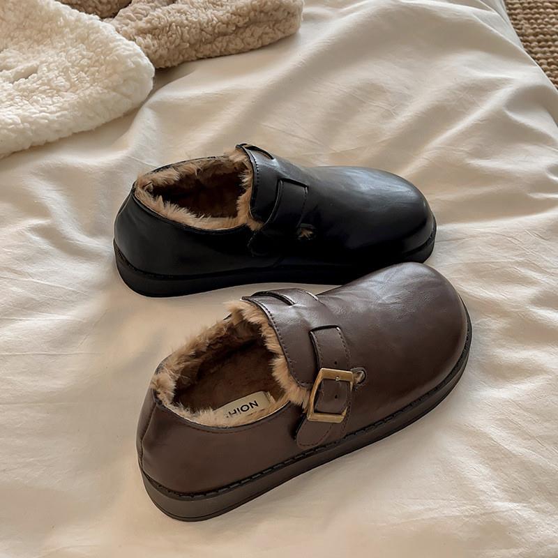 厚底皮面勃肯鞋女2025新款秋冬加绒雪地靴博肯小皮鞋乐福毛毛棉鞋