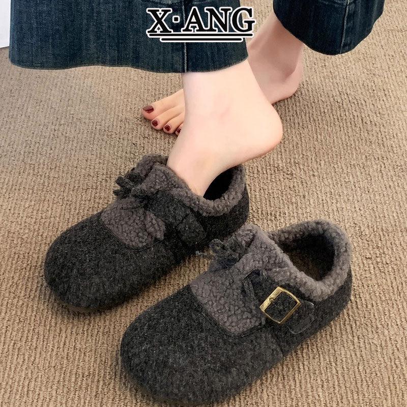羊呢绒灰色勃肯鞋子女鞋加绒加厚保暖棉鞋厚底羊羔毛毛鞋子豆豆鞋