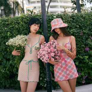 甜美少女小香风菱形格保守分体裙式 简约连体性感露背游泳衣女泳装