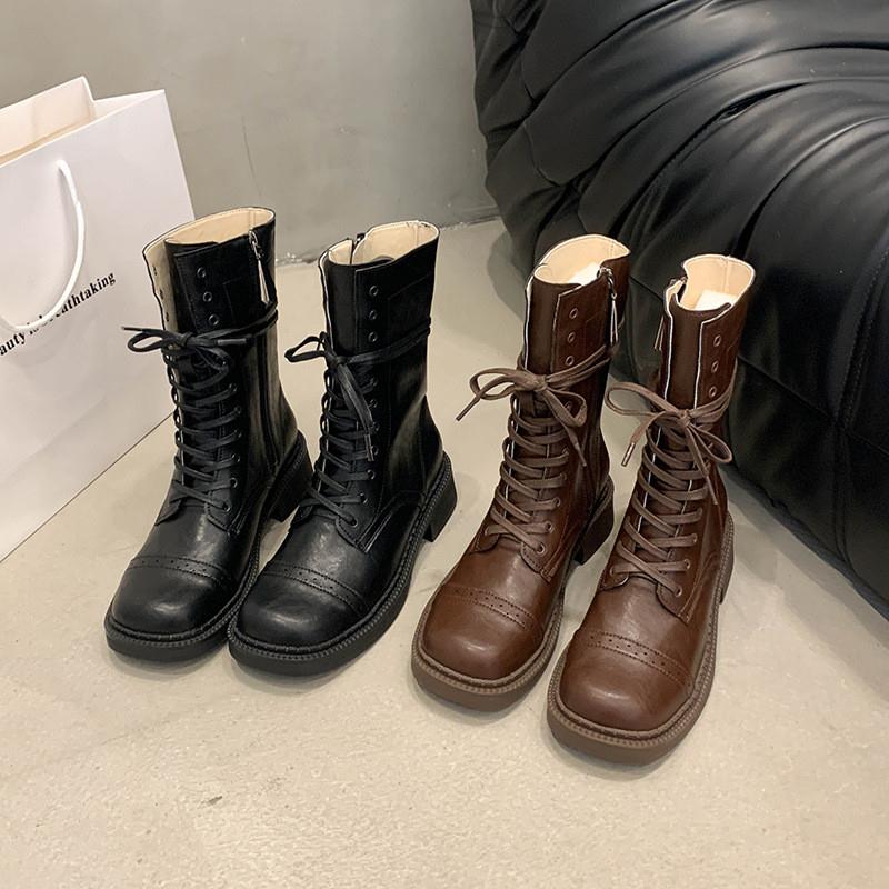 韩式系带英伦风马丁靴潮酷辣妹黑色中筒靴子女擦色显瘦复古瘦瘦靴