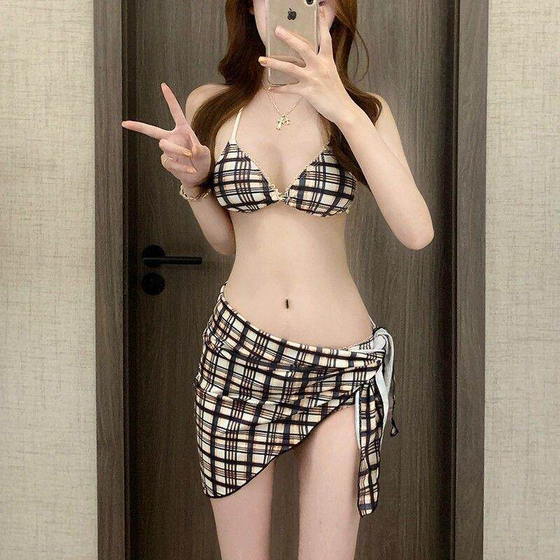 2026同款性感辣妹拼色格子绑带性感比基尼海岛度假温泉泳衣女