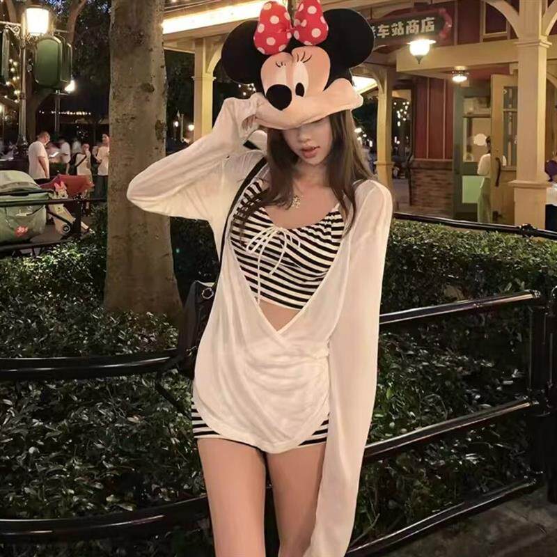 宽松白色微透针织罩衫女亲肤条纹吊带背心短裤套装泳衣比基尼温泉