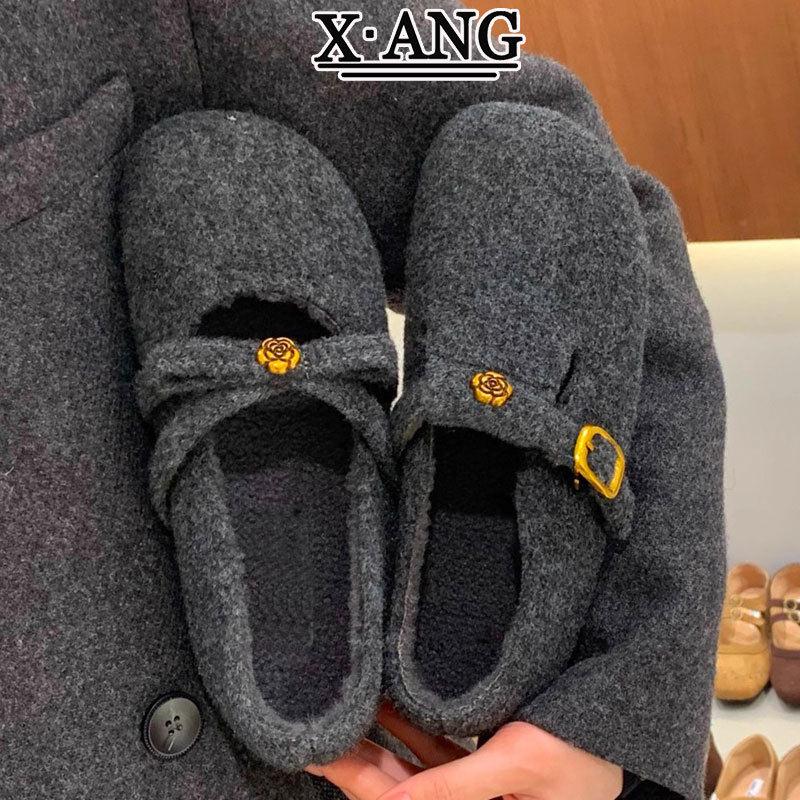 羊呢绒小香风玛丽珍鞋子女鞋勃肯鞋加绒保暖毛毛棉鞋一脚蹬豆豆鞋