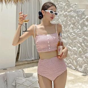 ins风韩国甜美少女复古条纹大小胸吊带连体游泳衣女泳装 swimsuit