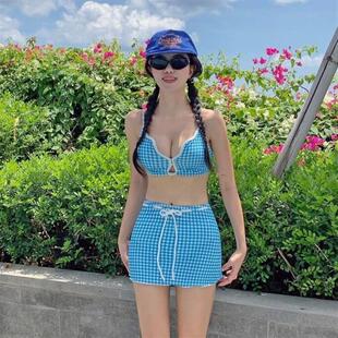 韩国ins风高级感聚拢大小胸格子三件套裙款 分体游泳衣女比基尼