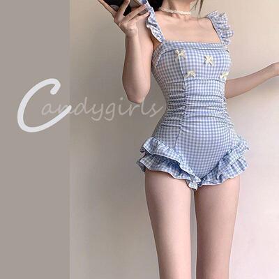 2026Candygirls甜美荷叶边格连体泳衣女收腰显瘦清新温泉学生