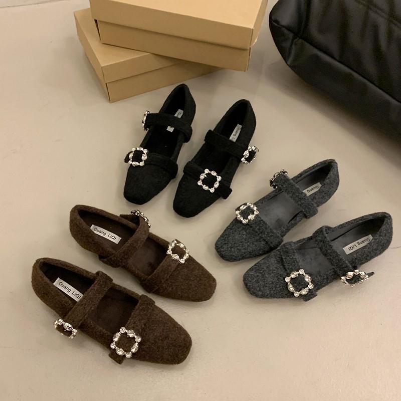 2025新款法式单鞋女平底通勤芭蕾鞋晚鞋一字扣带钻扣玛丽珍鞋女鞋