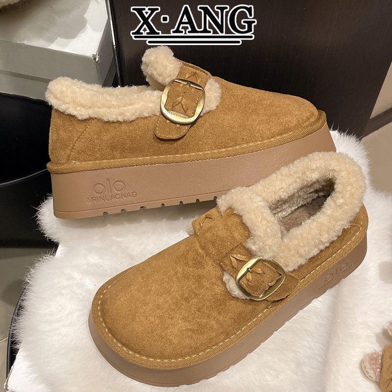 牛皮版全包勃肯鞋女加绒加厚保暖雪地靴厚底羊羔毛毛鞋一脚蹬棉鞋