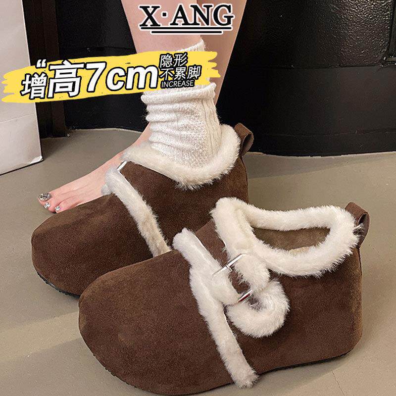 牛皮版7cm厚底内增高女鞋毛茸茸勃肯鞋女加绒加厚保暖棉鞋雪地靴