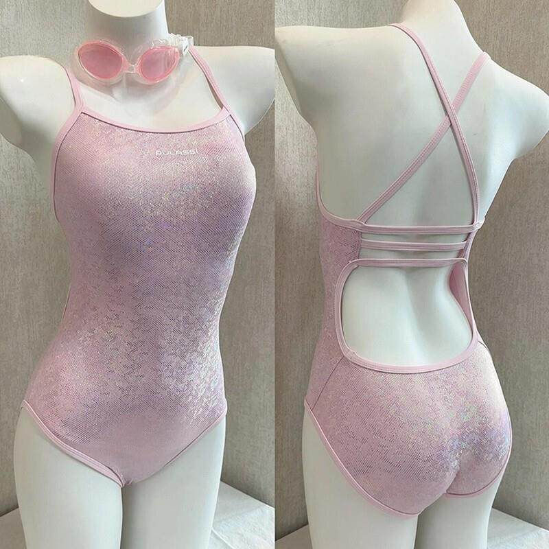 2026高颜值洋气珍珠粉连体三角竞速游泳衣女专业运动大码微胖