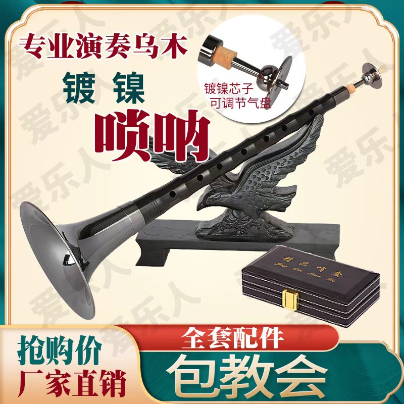 全黑专业乌木黑檀木唢呐乐器全套D调降B调初学入门大小号喇叭唢呐