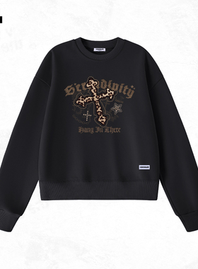 it:CHOCOOLATE黑色短卫衣女秋冬新款潮流酷飒风宽松百搭圆领上衣