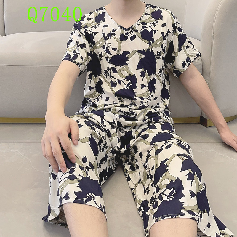 夏季男士七分睡裤纯棉绸短袖睡衣+7分裤套装夏季宽松休闲家居ins