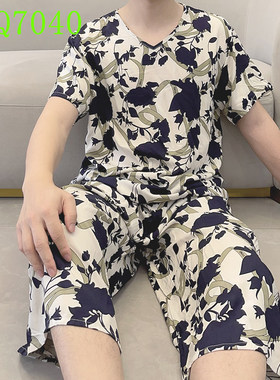 夏季男士七分睡裤纯棉绸短袖睡衣+7分裤套装夏季宽松休闲家居ins