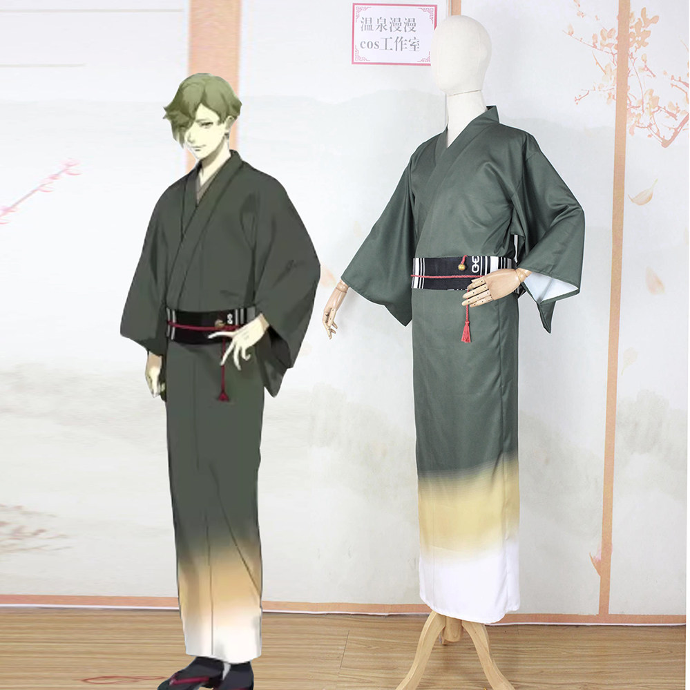 温泉漫漫一太刀莺丸cos和服轻装浴衣男绿色渐变印花刀剑乱舞尾款