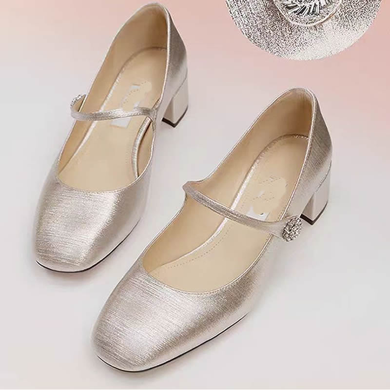 春秋玛丽珍时尚舒适浅口单鞋女真皮粗跟圆头优雅水钻一字带魔术贴