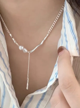 不规则拼接珍珠流苏项链S925通体纯银Y字链气质小众高级锁骨链女