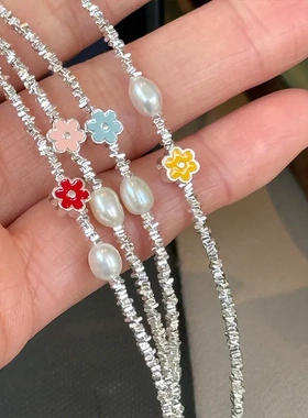 925纯银碎银子天然珍珠花朵手链女手工设计森系甜美气质手环B3338