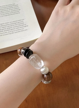 原创999足银天然异形白水晶手链ins小众檀木拉丝圆球手串女手饰