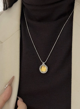 s925纯银黄财神吊坠项链女古法金圆牌高级感首饰民族复古珍珠项链