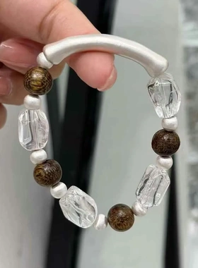 原创999足银天然白水晶弯管手串男女款沉香檀木弹力绳串珠手链