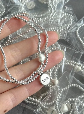 999足银luck爱心圆珠手链女手工弹力绳款设计双层银珠手串