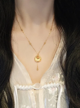 s925纯银小福坨项链女士流苏圆珠招财纳福金坨锁骨链新中式送礼物