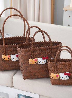 新款小众夏日kitty包高颜值仿藤编织手提包ins风卡通可爱出游小包