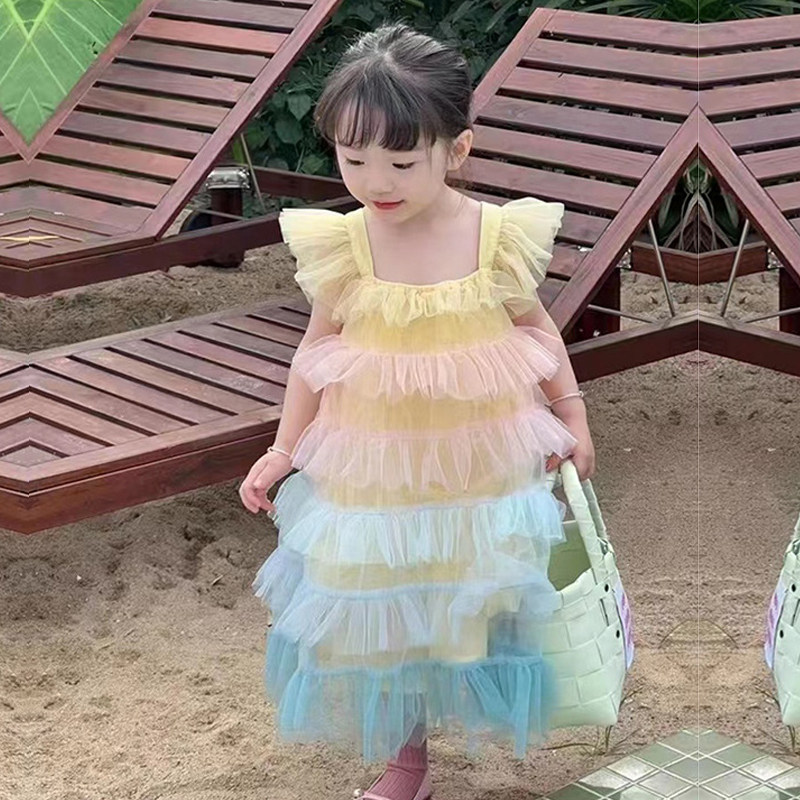 女童连衣裙韩版彩虹公主裙七彩洋气夏女宝宝生日公主裙网纱蛋糕裙