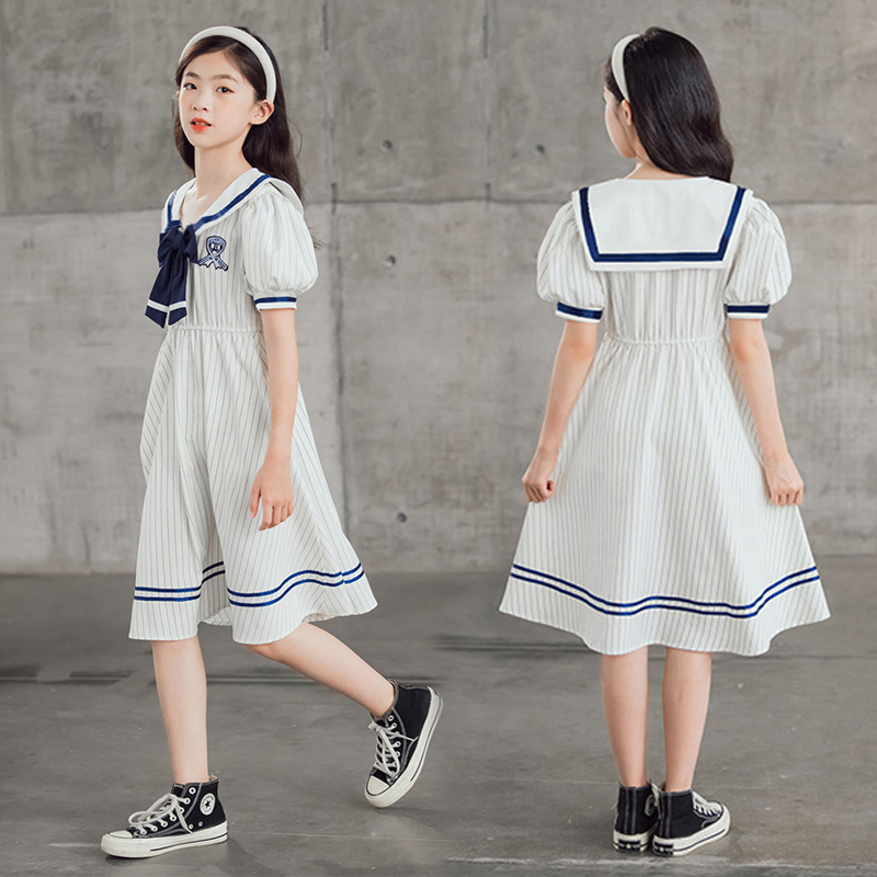 韩版女童纯棉竖条纹短袖连衣裙子