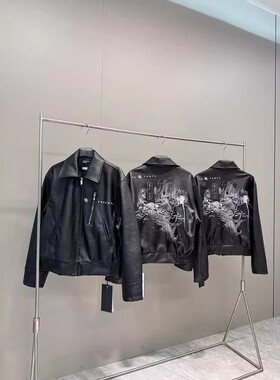 ERD忧郁的富二代定染PU小羊皮宽松廓形常规大烟刺绣皮衣夹克外套