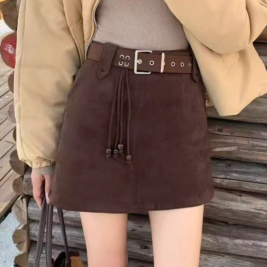 送腰带时尚鹿皮绒高腰半身裙女秋冬2025双口袋显瘦A字裙百搭短裙