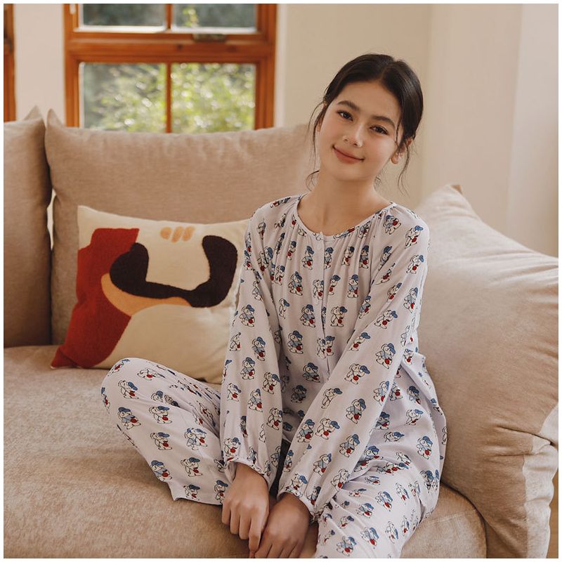 春季新款竹棉纱布女式家居服卡通背带狗印花宽松长袖睡衣套装