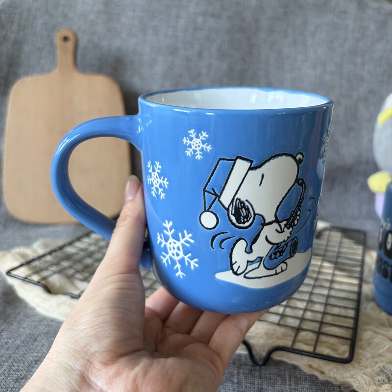 外贸卡通史努比陶瓷马克杯蓝色雪花圣诞大容量可爱水杯家用杯子