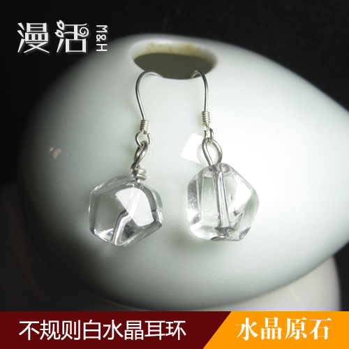 天然白水晶冰糖块耳环不规则原石纯银耳钩 简约百搭小众法式耳饰
