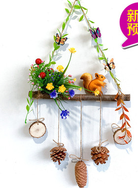 创意树枝小鸟挂件森系树枝动物松鼠装饰卧室客厅幼儿园墙上装饰