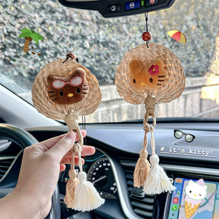 手工编织蝴蝶结凯蒂海边度假黑皮KT猫小蒲扇车挂包包挂件吊坠装饰