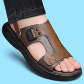 不怕泡水谅鞋 男装 老年人老头子爸爸凉拖鞋 男土牛皮沙滩鞋 真皮凉鞋