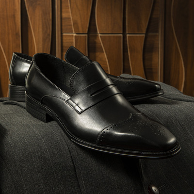 高端真皮一脚蹬没鞋带套脚布洛克雕花皮鞋男不用系带巴洛克乐福鞋