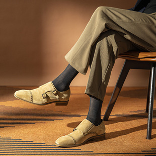 高档磨砂皮三接头双搭扣商务皮鞋男反绒皮僧侣鞋时尚翻毛皮孟克鞋