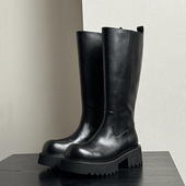 高级感长筒马丁靴男士 大头增高跟6cm厚底侧拉链加绒保暖高筒皮靴