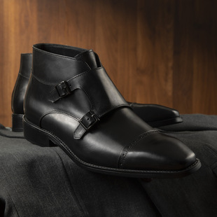 高档双排扣切尔西靴男头层牛皮高腰僧侣皮鞋透气高帮孟克鞋马丁靴