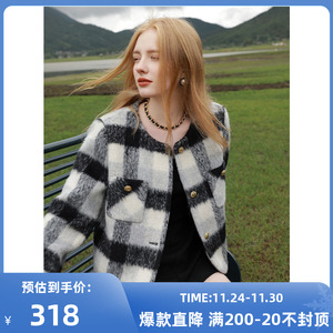 三彩2023冬季新款复古格纹毛呢外套圆领呢子大衣短款优雅气质女
