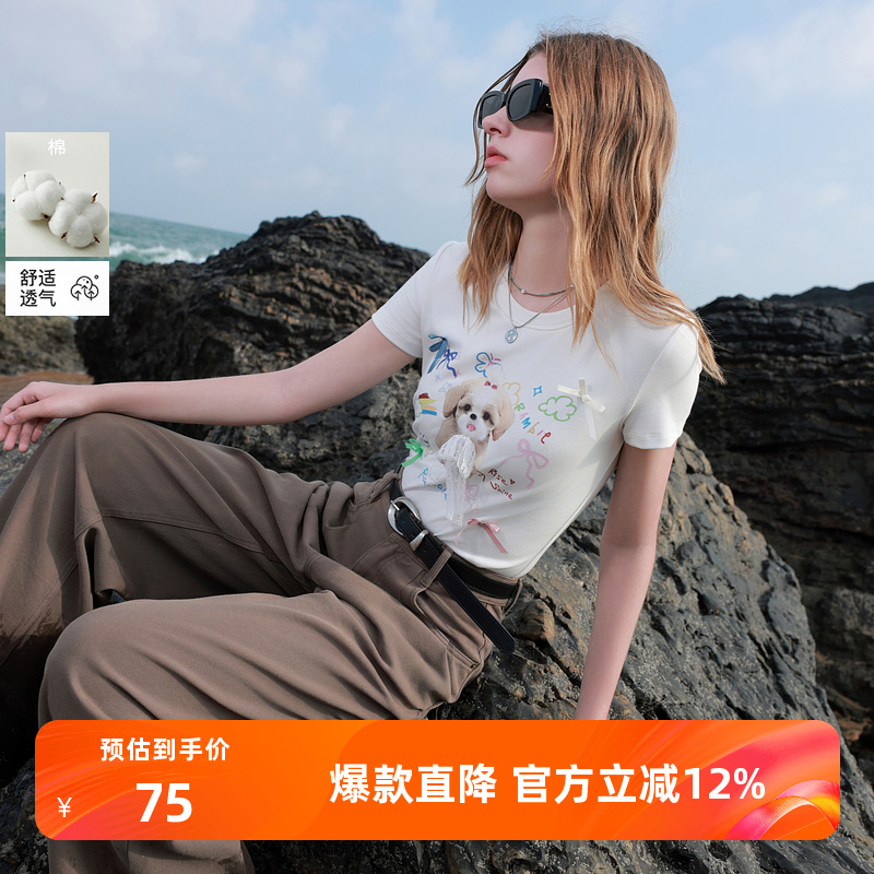 ibudu2025夏季新款小狗印花T恤蝴蝶结圆领正肩短袖短款女