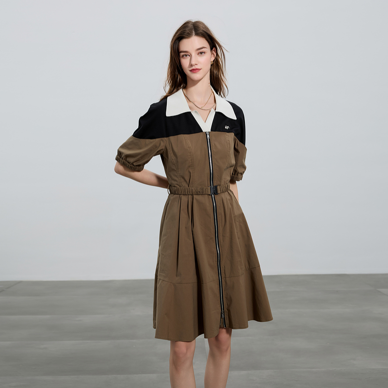 撞色翻领收腰A字连衣裙短裙