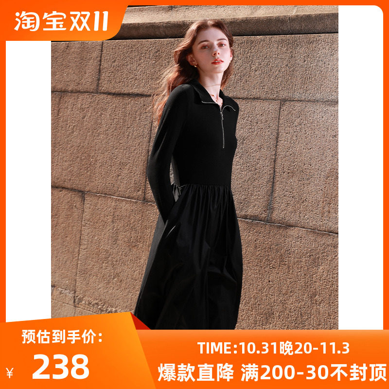 三彩2023秋季新款拉链翻领连衣裙高腰A字裙中长小黑裙简约女怎么样,好用不?