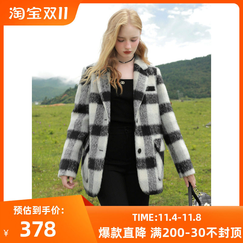 三彩2023冬季新款复古格纹毛呢外套西装领宽松呢子大衣女怎么样,好用不?