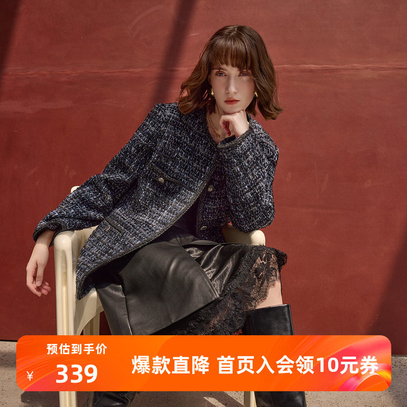 三彩2025冬静奢香风毛呢外套高定粗花呢棉大衣中长宽松优雅女S