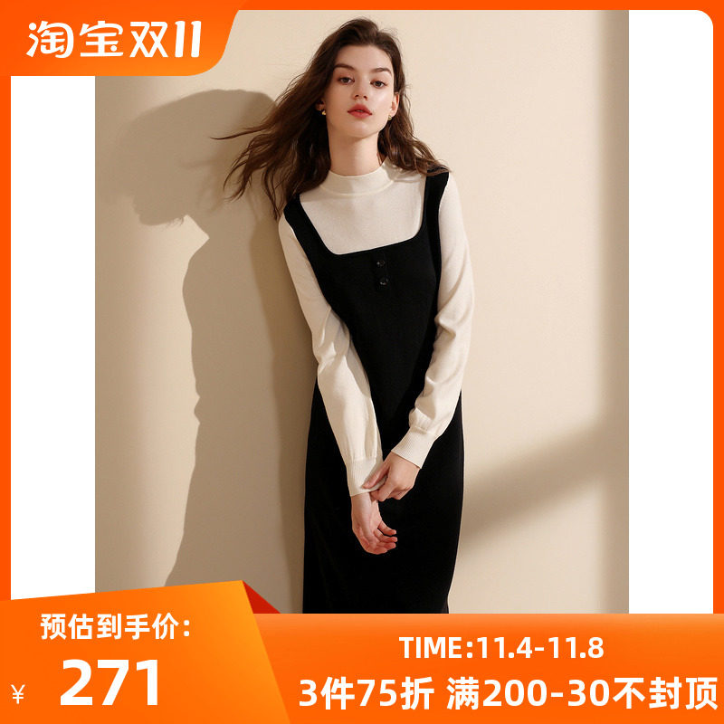 三彩2023冬季新款假两件半高领针织连衣裙中长裙A字摆女怎么样,好用不?