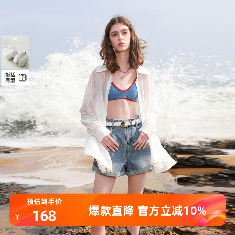 ibudu2025夏季新款烫钻翻边牛仔短裤时髦热裤宽松直筒裤女